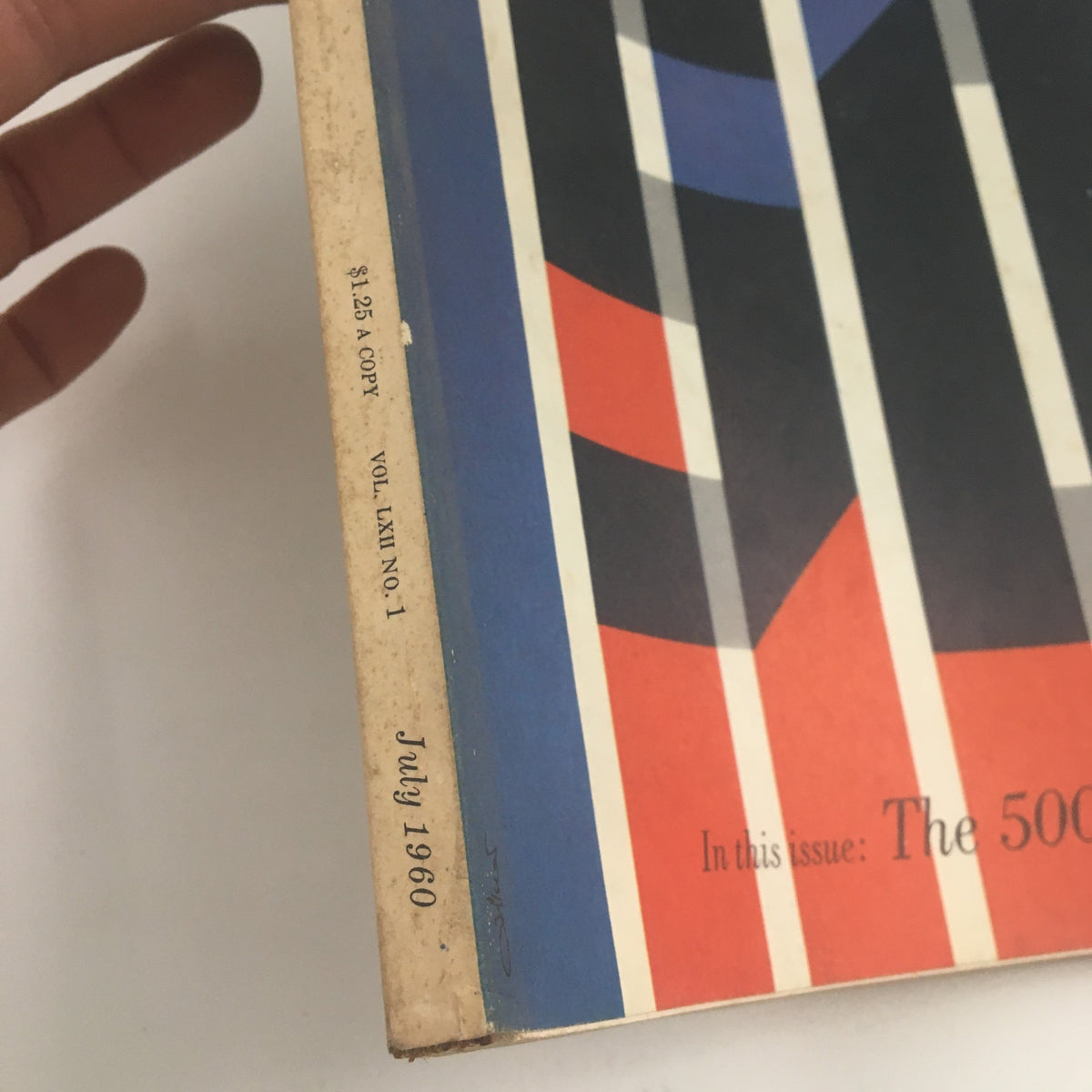 Detail of the spine of the Fortune Magazine July 1960 Issue, featuring the publication title and volume number. This vintage magazine discusses 'The 500 Biggest Industrials'.