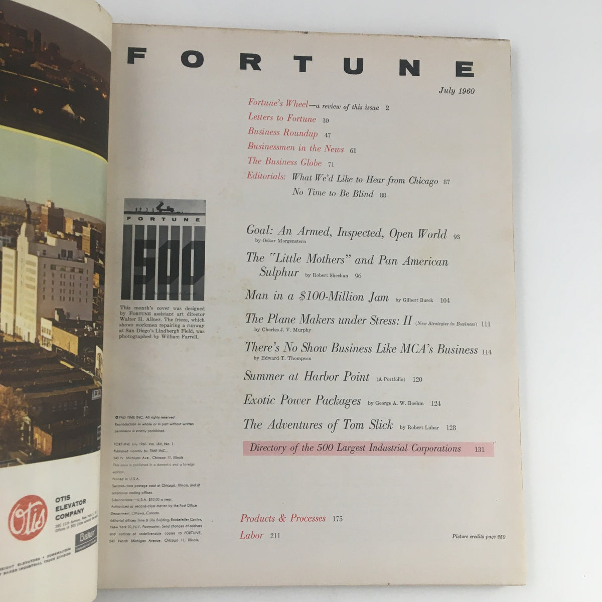 Interior view of the Fortune Magazine July 1960 Issue. It displays the contents page with a list of articles and the magazine's cover design, highlighting significant topics from that era.