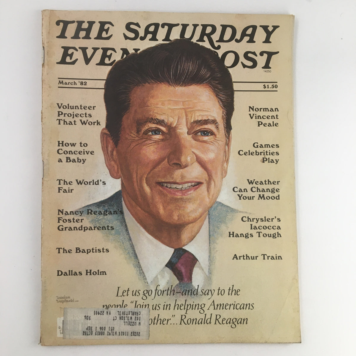 Cover of The Saturday Evening Post March 1982 featuring Ronald Reagan and Norman Vincent Peale. The illustration captures Reagan's likeness alongside headlines including volunteer projects and motivational topics.