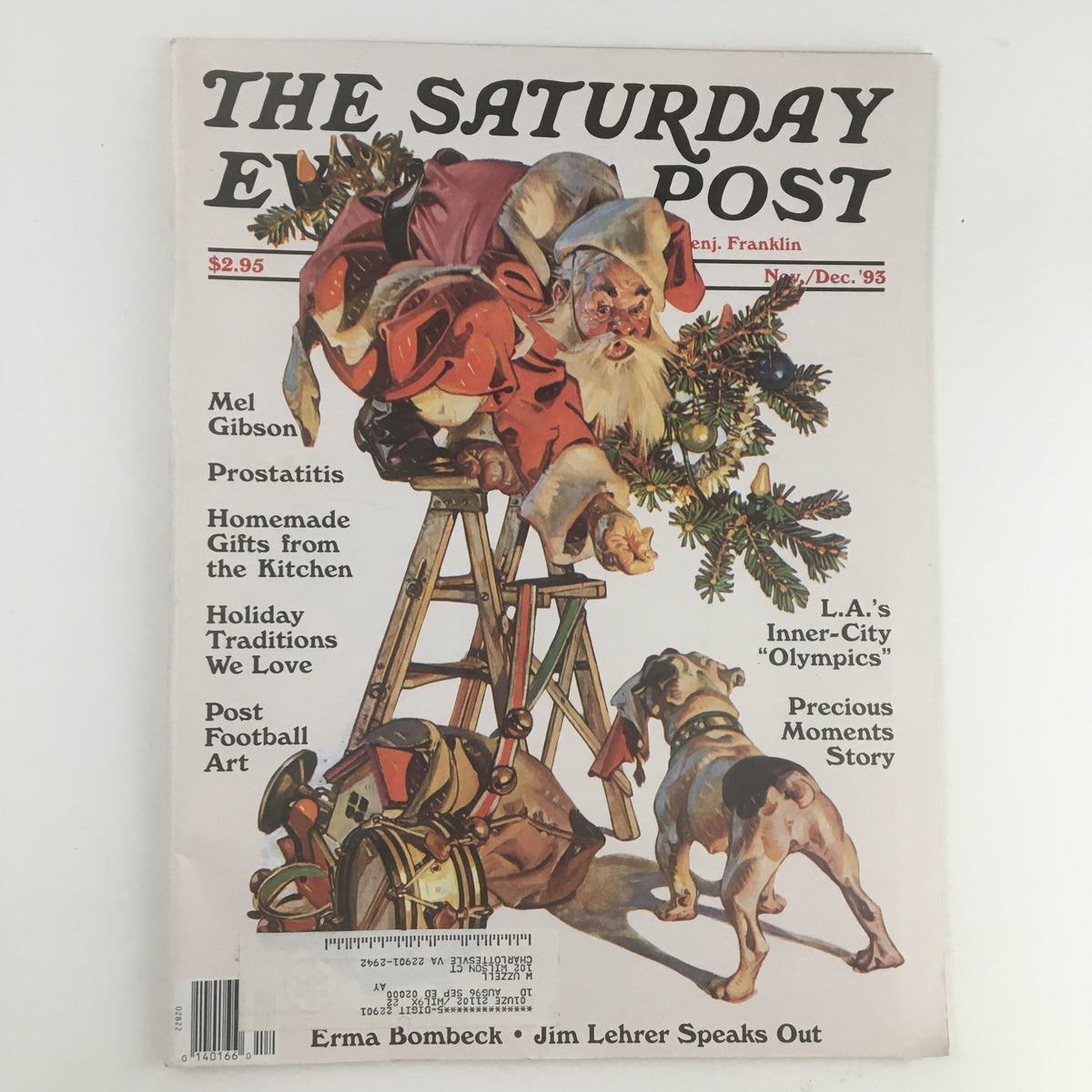 The Saturday Evening Post November 1993 cover featuring Erma Bombeck and Jim Lehrer Speaks Out, featuring a festive Santa with decorations, along with various cultural articles and illustrations.