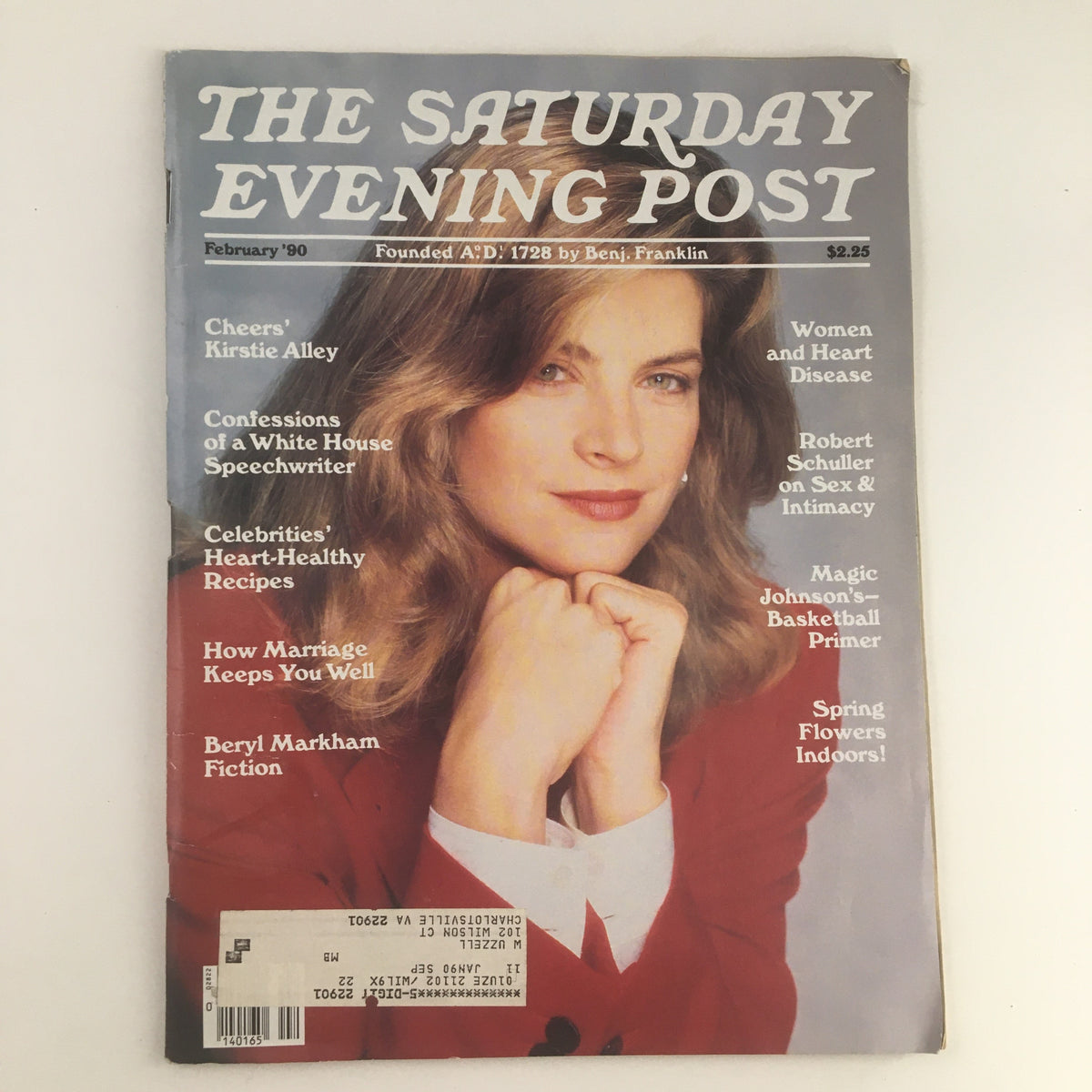 The Saturday Evening Post February 1990 cover featuring Kirstie Alley, highlighting articles on health, recipes, and celebrity culture.