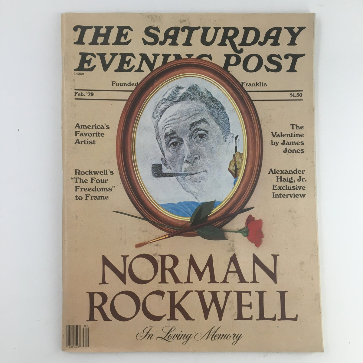 The Saturday Evening Post February 1979 featuring Norman Rockwell's art, titled Loving Memory, showcasing a vintage magazine cover with an illustration of a man with a pipe.