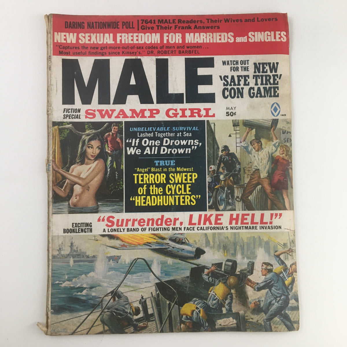 Cover of Male Magazine Fiction Special May 1969 featuring 'Terror Sweep of Cycle Headhunter' and 'Swamp Girl'. The cover showcases vibrant imagery and bold text with vintage themes.