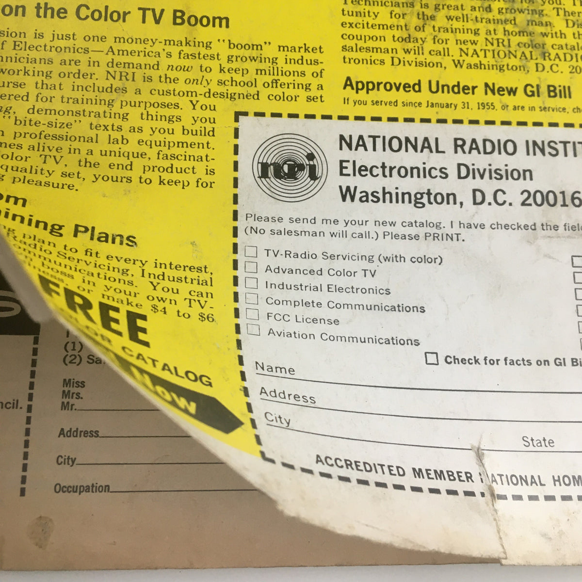 Close-up of the National Radio Institute advertisement in Male Magazine Fiction Special May 1969, showcasing training options in electronics and color TV servicing.