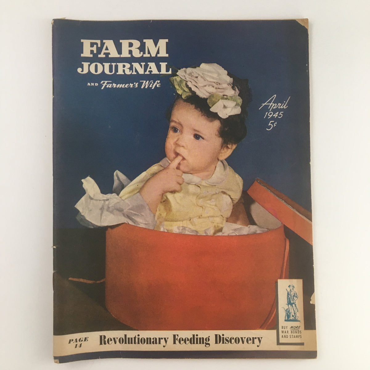 Cover of Farm Journal and Farmer's Wife April 1945 featuring a child with a floral headband, highlighting revolutionary feeding discovery.