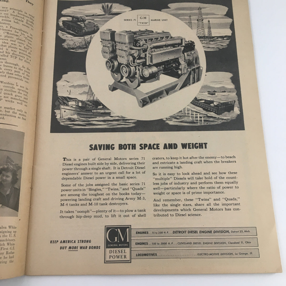 Farm Journal and Farmer's Wife April 1945 page showcasing General Motors series 71 Diesel engine, detailing space and weight savings for marine units.