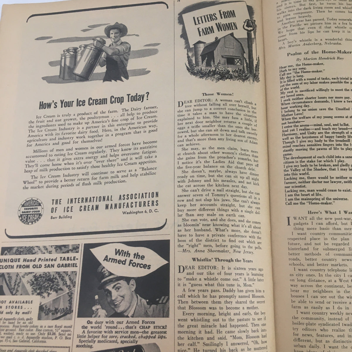 Farm Journal and Farmer's Wife April 1945 page discussing the production of ice cream from farms and its importance, featuring illustrations of farmers.