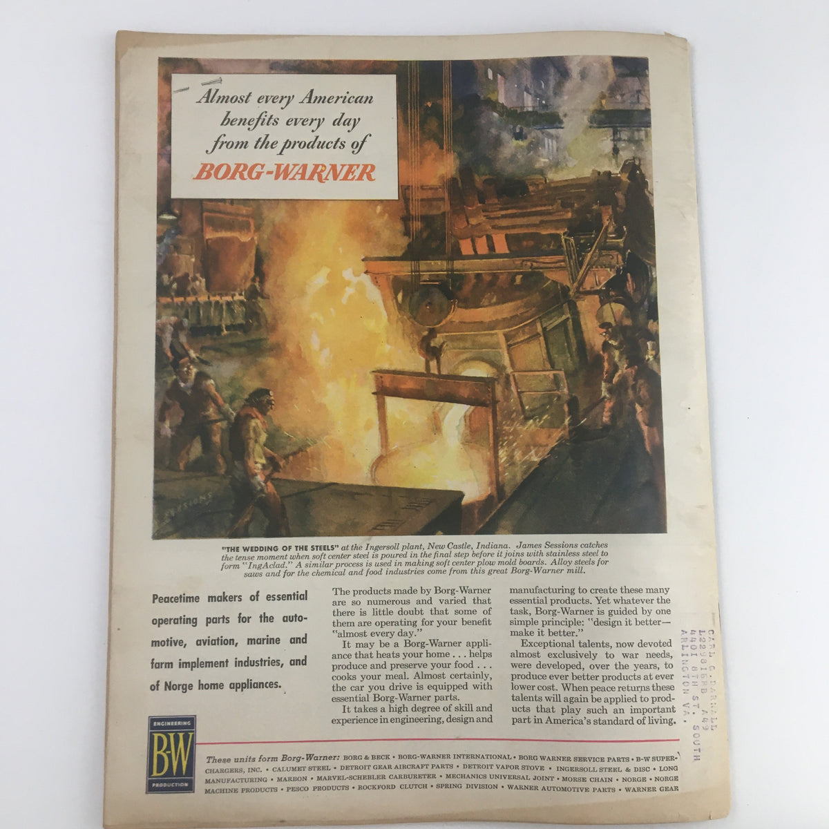Farm Journal and Farmer's Wife April 1945 back cover advertisement for Borg-Warner, highlighting their essential products in automotive and home industries.