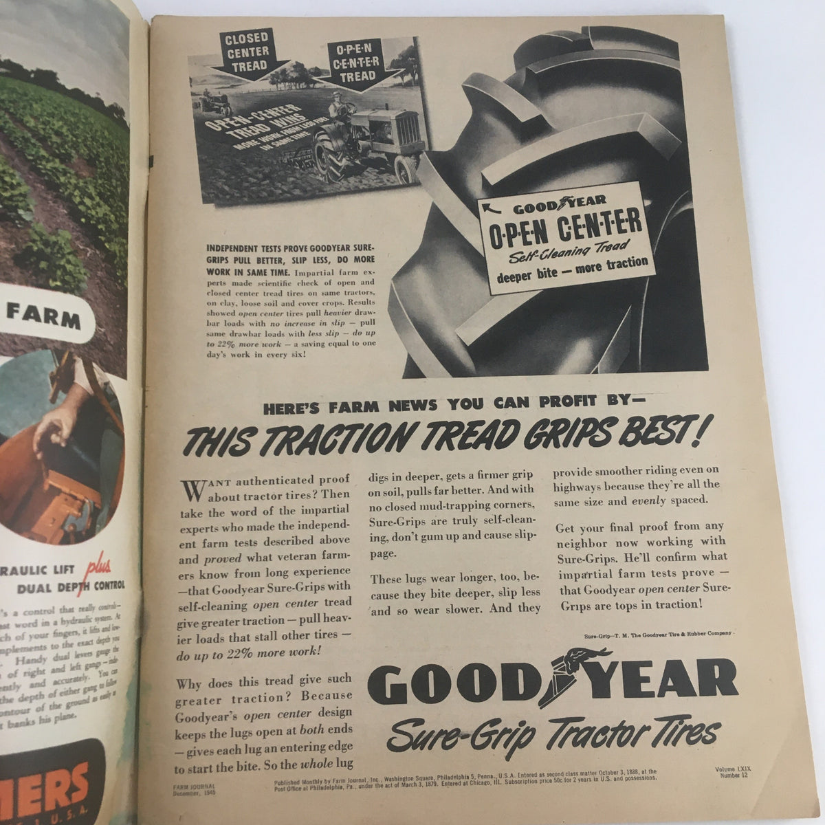 An advertisement from Farm Journal Magazine December 1945 for Goodyear Sure-Grip Tractor Tires, highlighting their traction and farming efficiency.