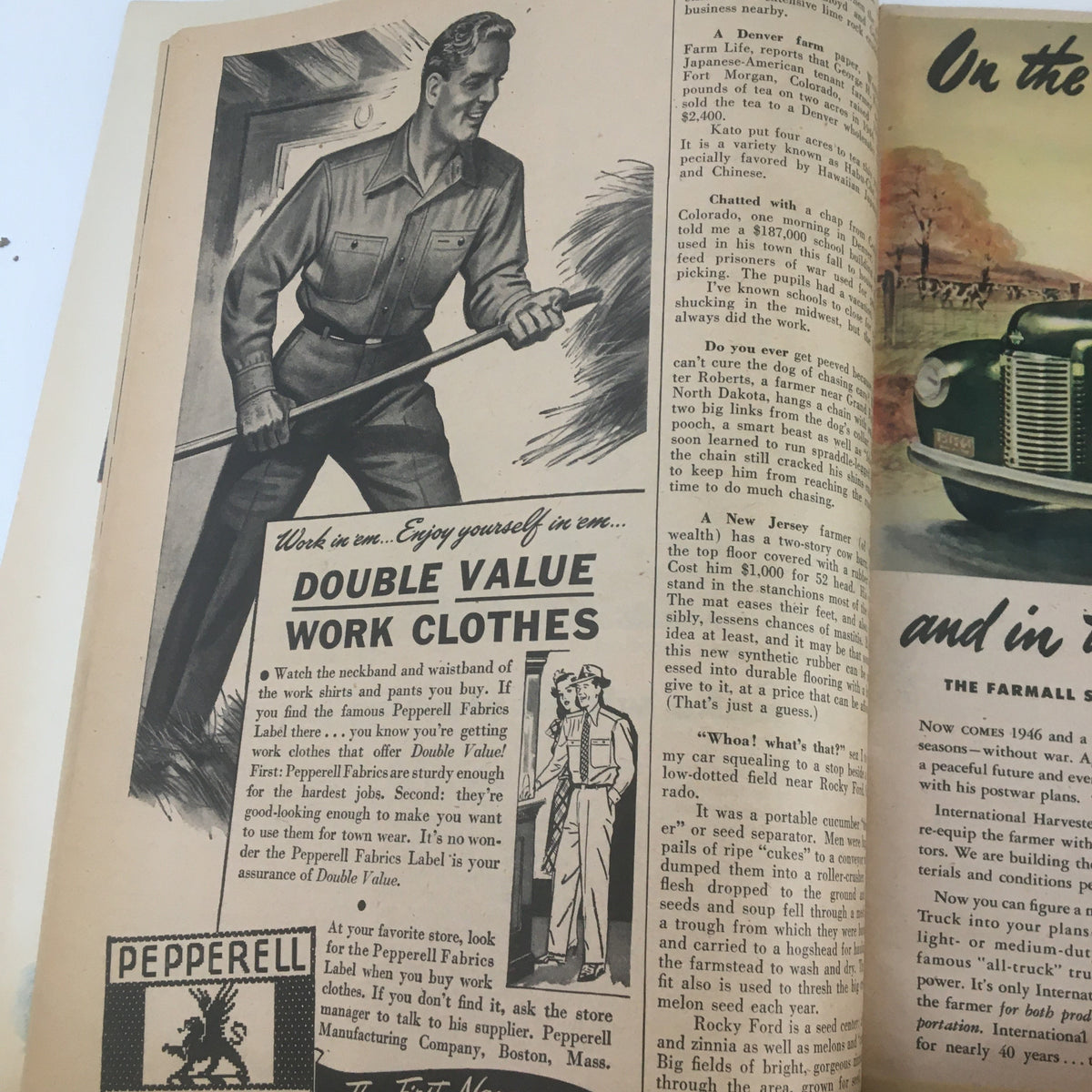 Farm Journal Magazine December 1945 showcasing a vintage advertisement for Pepperell work clothes, promoting durability and style for farm work.