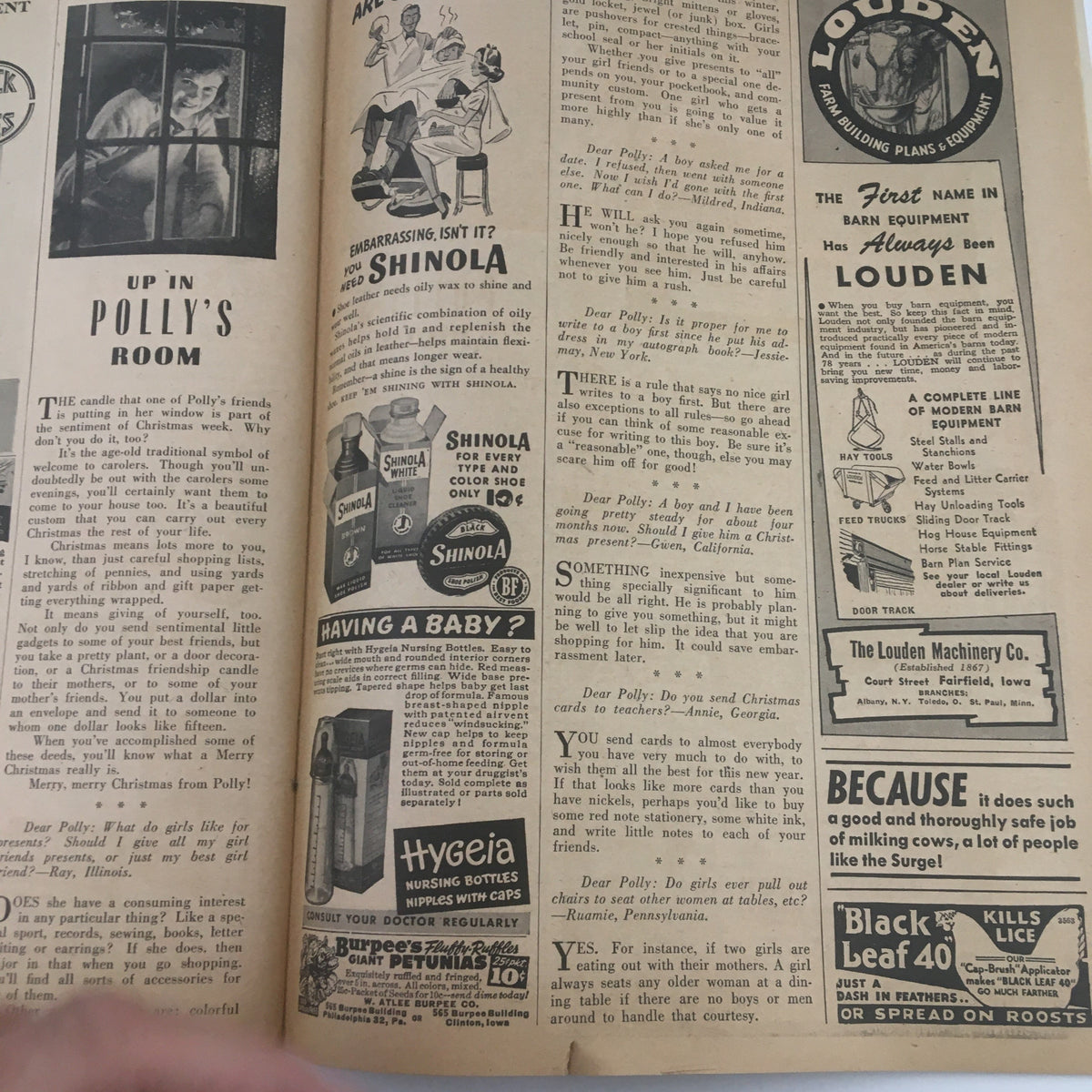 Farm Journal Magazine December 1945 presenting a feature titled 'Up in Polly's Room,' with a blend of letters and advertisements relevant to holiday themes and domestic products.