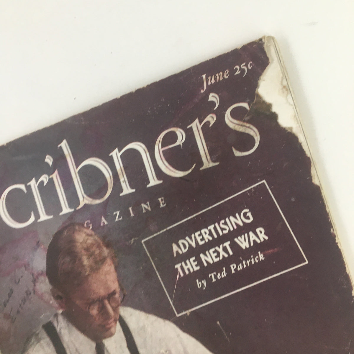 Scribner's Magazine June 1938 cover highlighting the title 'Advertising the Next War' and the date. The edge shows signs of wear and age.