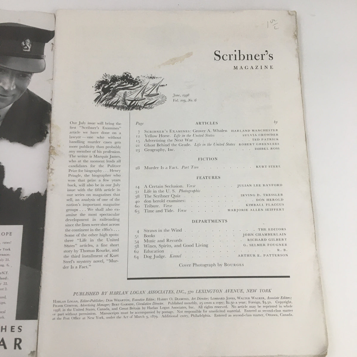 Interior page of Scribner's Magazine June 1938 featuring the table of contents and article highlights, showcasing the publication's literary scope and design.