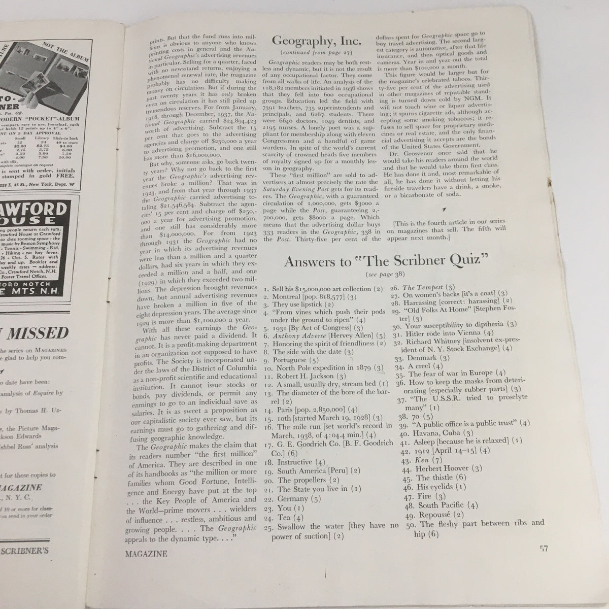 Page from Scribner's Magazine June 1938 Vol. 103 No. 6 containing the article 'Geography, Inc.' examining advertising's influence and challenges in publishing, along with answers to 'The Scribner Quiz'.