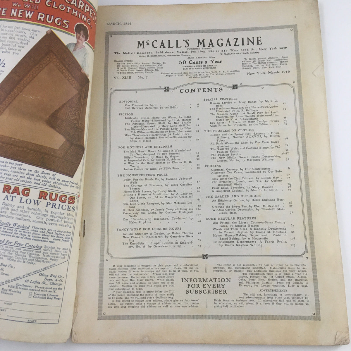 Interior page of VTG McCall's Magazine March 1916 displaying the table of contents, offering insights into early 20th-century publication styles.