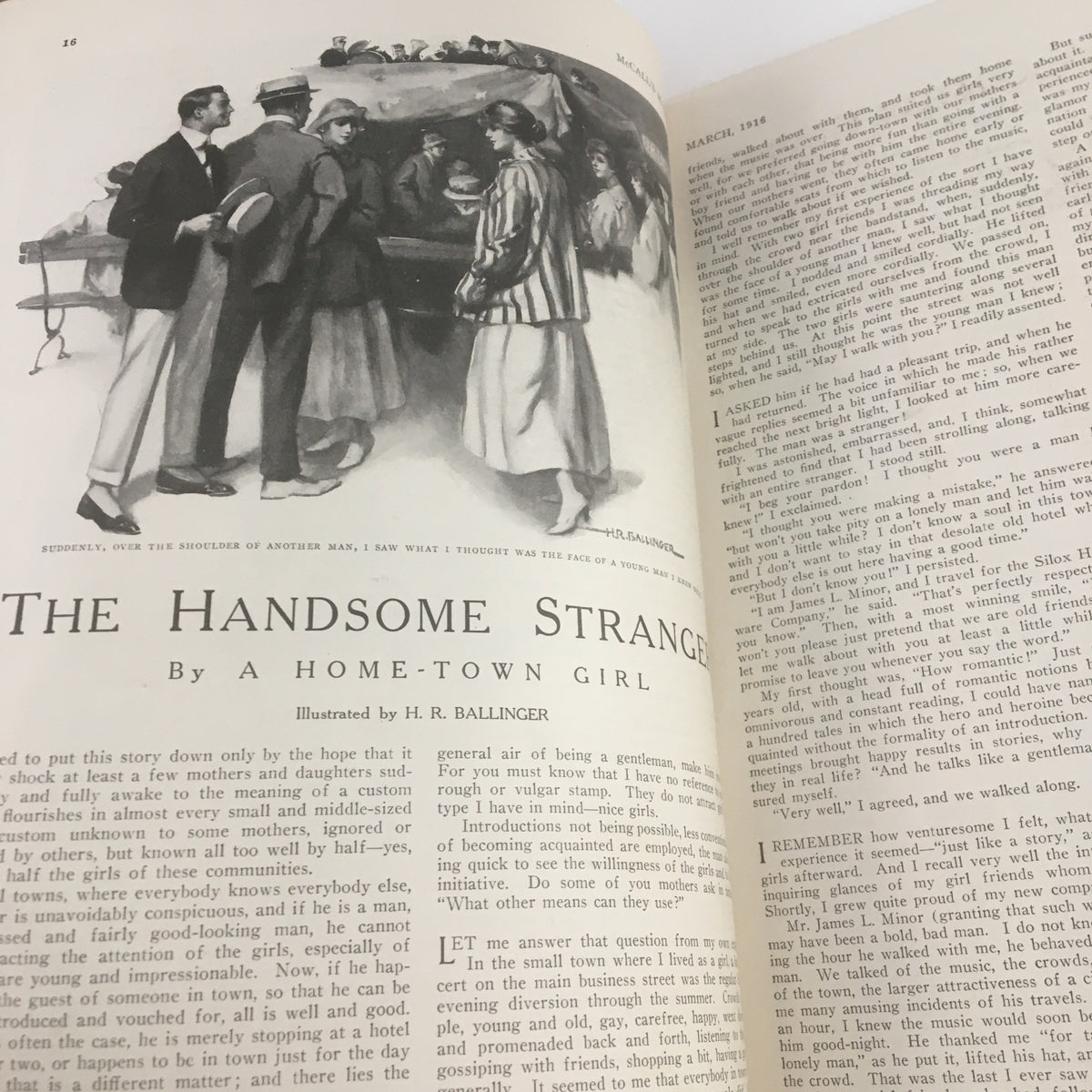 Illustration from McCall's Magazine March 1916 accompanying the story 'The Handsome Stranger', depicting a social gathering scene with stylishly dressed individuals.