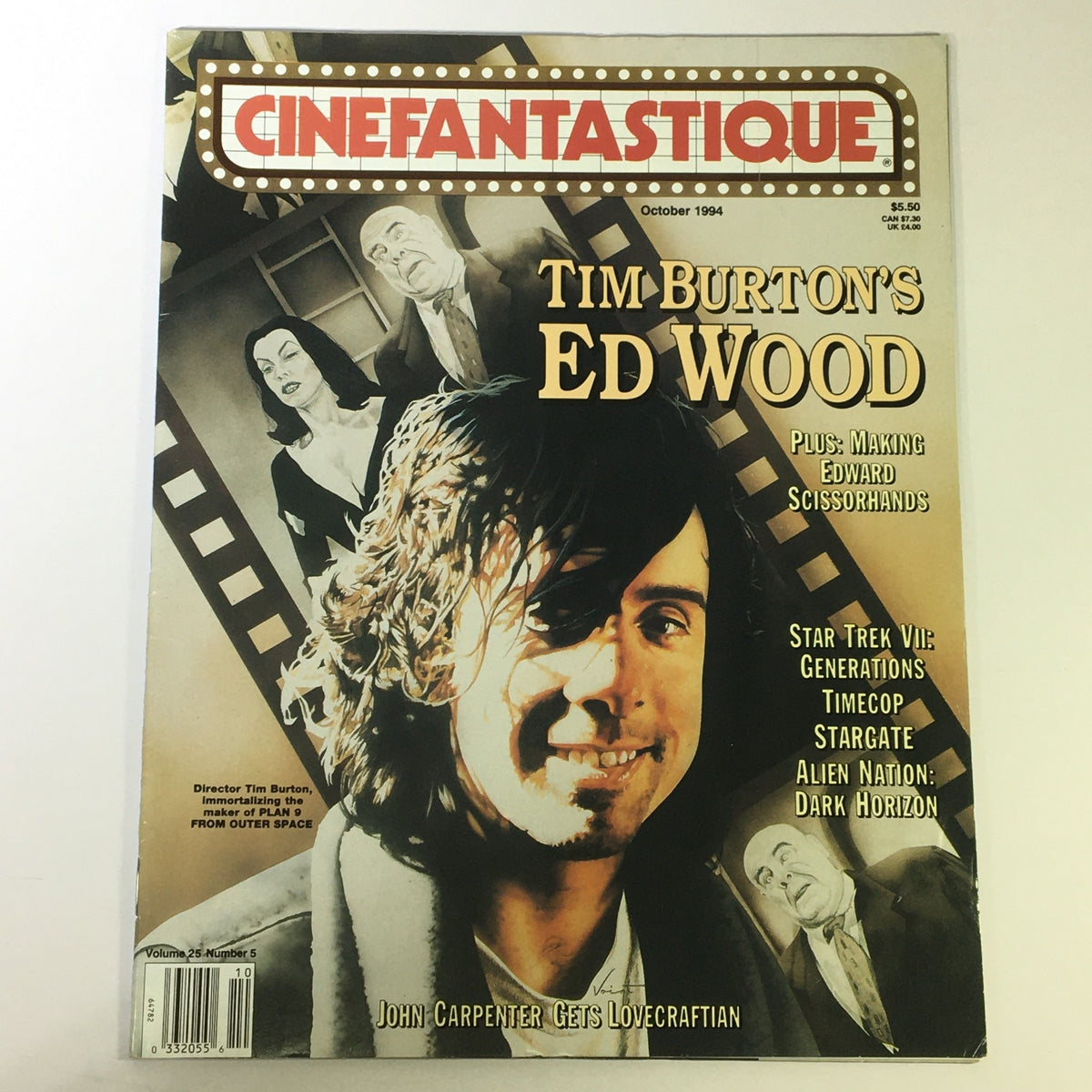 Cinefantastique October 1995 Vol 25 #5 featuring Tim Burton's Ed Wood on the cover, showcasing images from the film and related features such as Edward Scissorhands, along with a mention of John Carpenter.