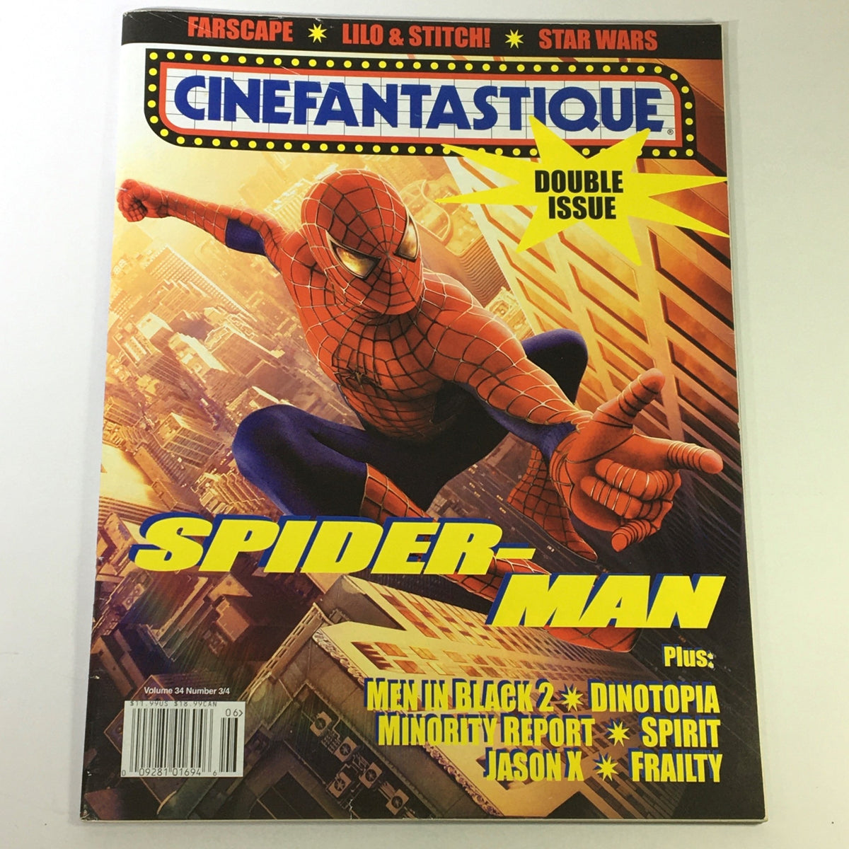 Cinefantastique June 2002 Double Issue featuring Spider-Man on the cover, highlighting articles on Men in Black 2, Dinotopia, and other popular films.