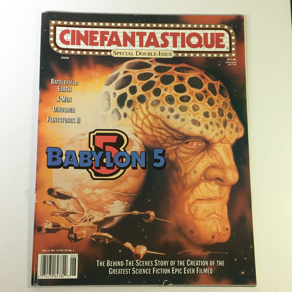 Cinefantastique magazine cover from June 2000, Vol 31 #12 #1 featuring Babylon 5, Battlefield Earth, and X-Men with an illustration of a science fiction character, highlighting the theme of the issue.