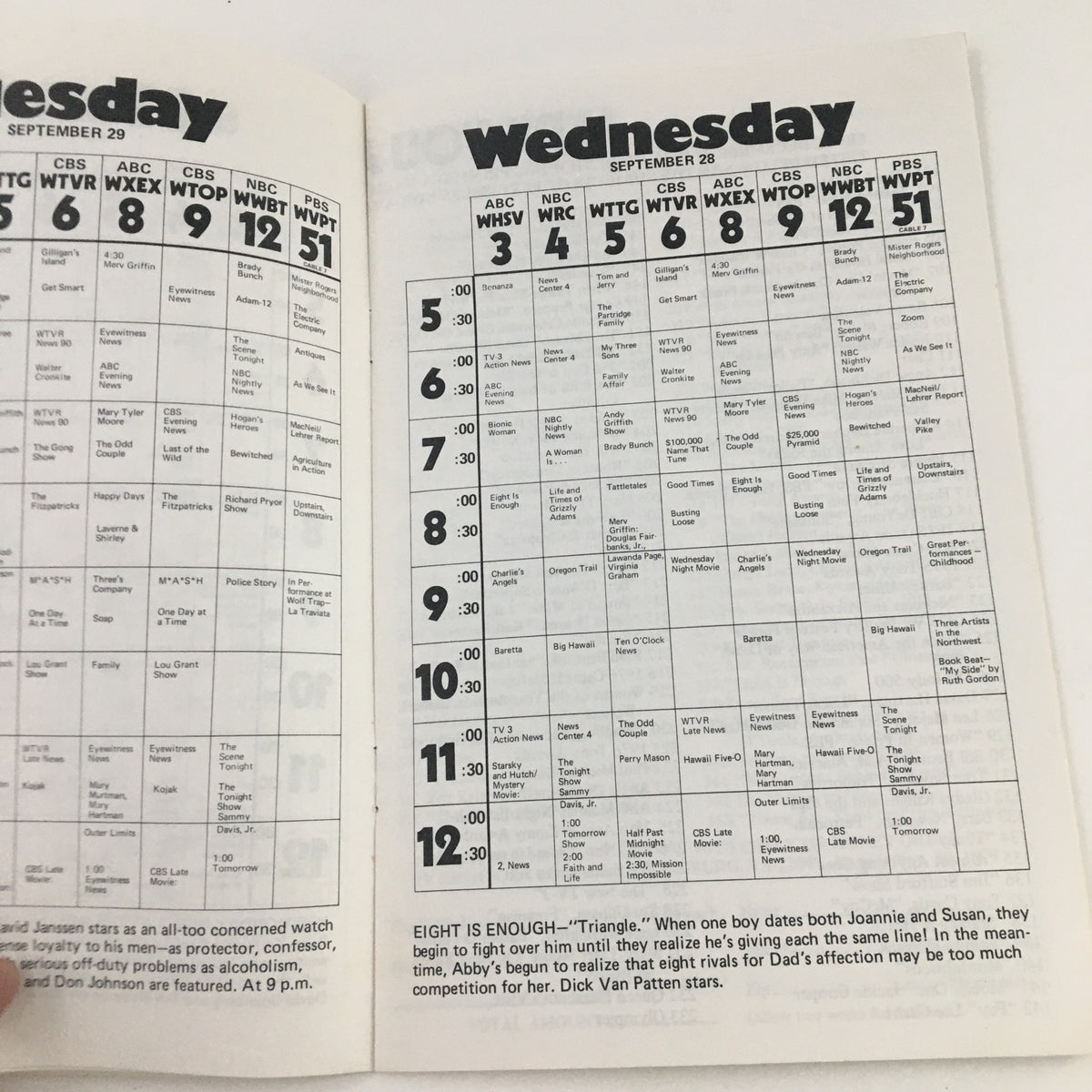 Wednesday programming schedule from the TV Review Catalog dated September 28, 1977, highlighting various shows on ABC, NBC, and CBS.