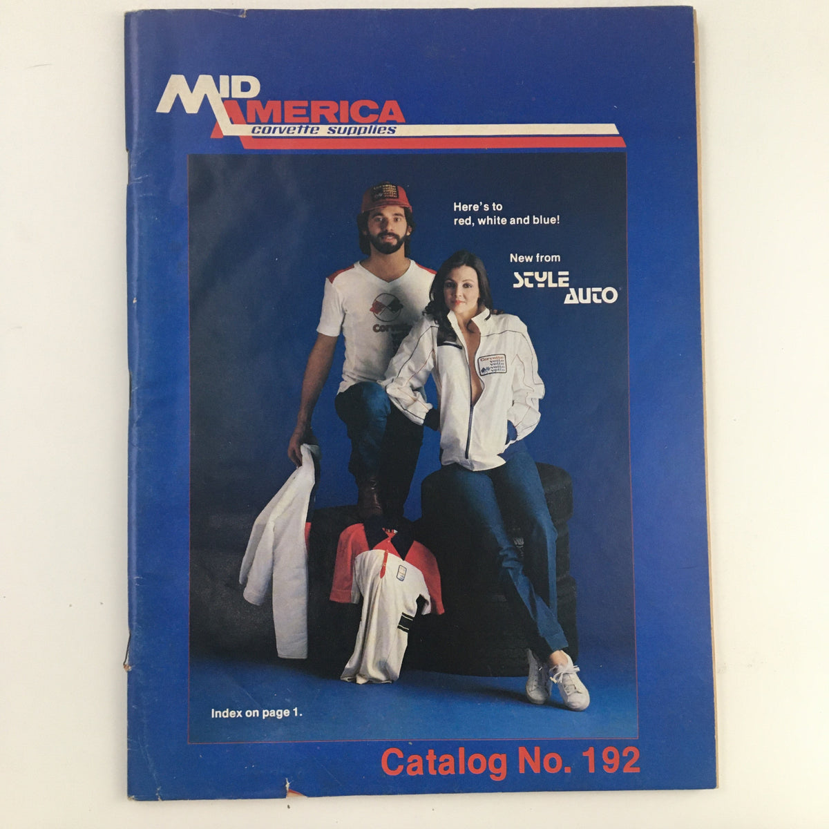 Mid America Corvette Supplies Catalog No. 192 cover featuring two models dressed in Corvette-themed apparel, showcasing a nostalgic design.