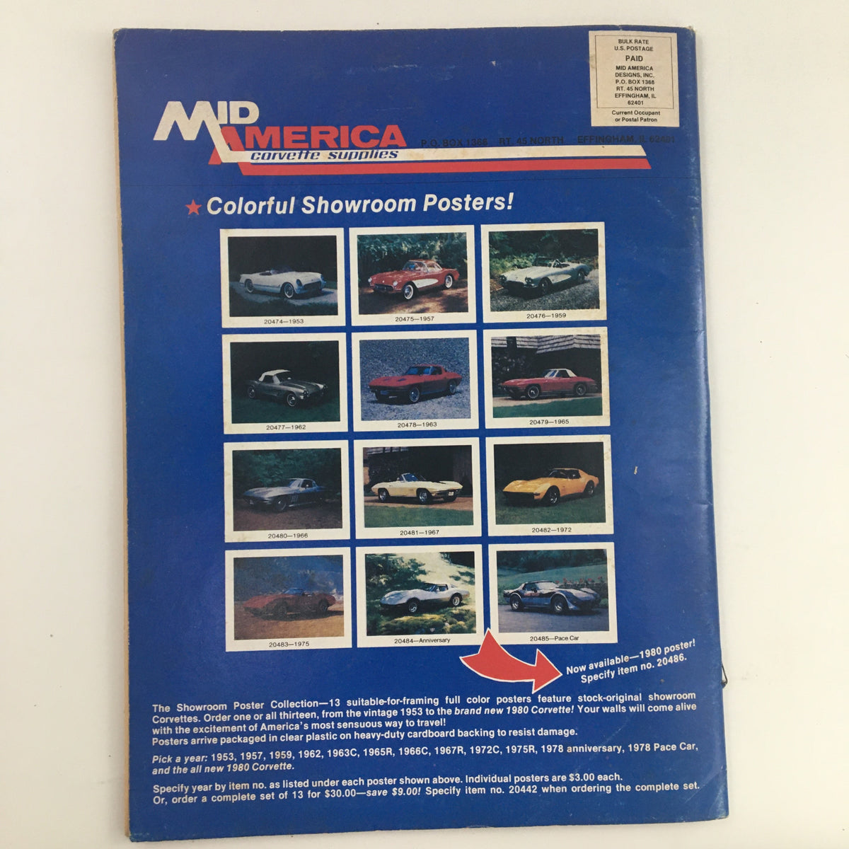 Back cover of Mid America Corvette Supplies from Style Auto Catalog No. 192 showing colorful showroom poster options for classic Corvettes.