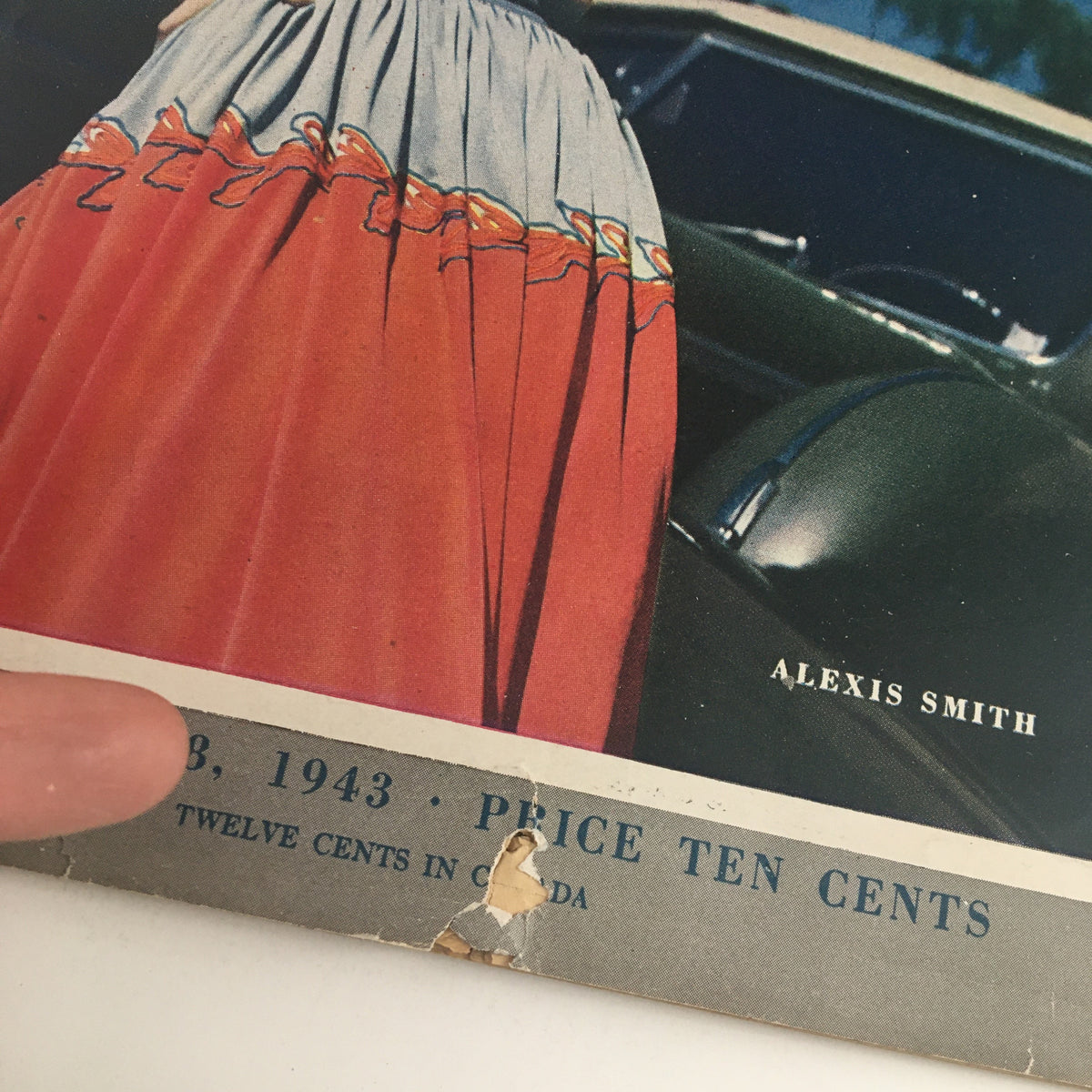 Detail of VTG Pic Magazine September 1943 cover photograph featuring Alexis Smith with edge damage.