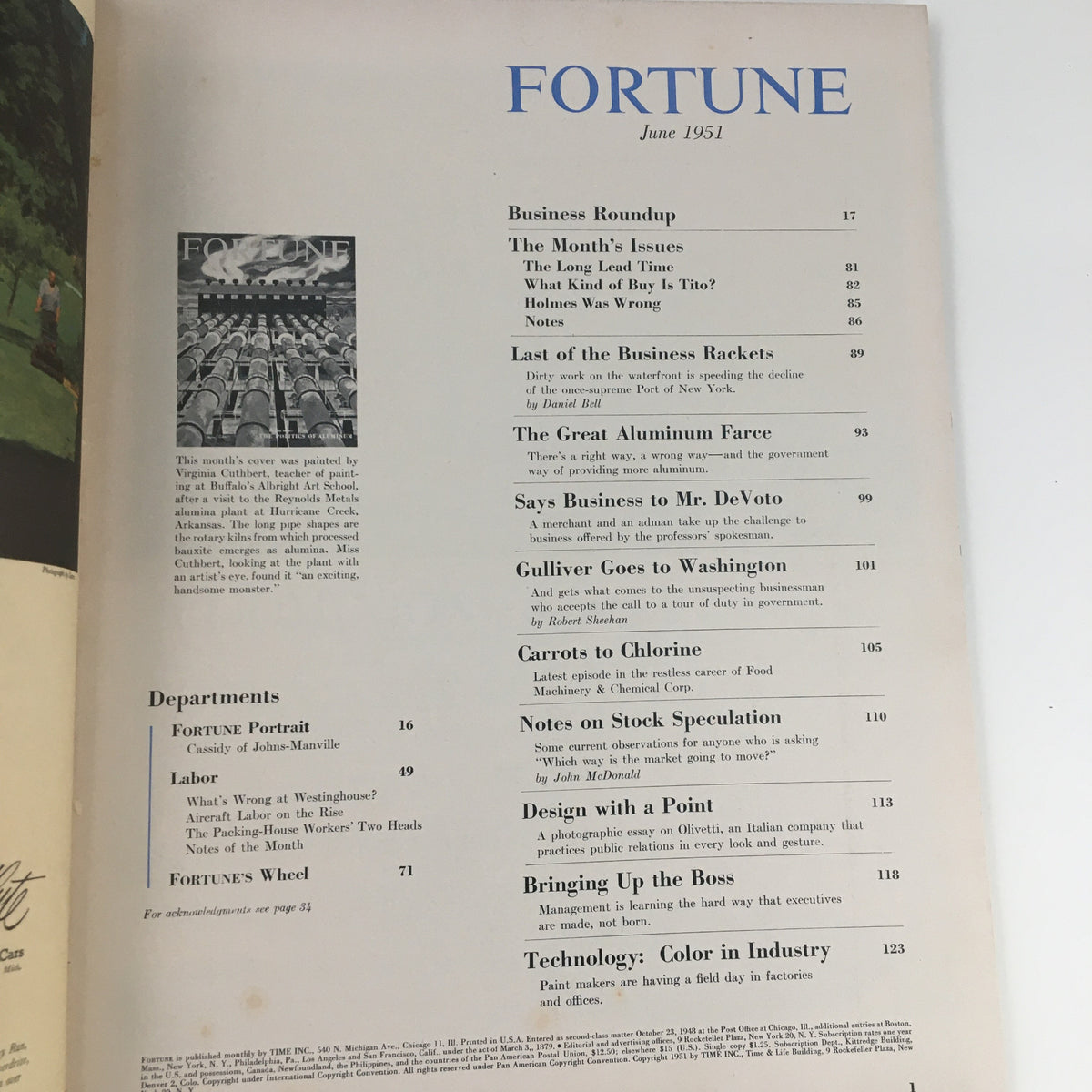 Inside page of Fortune Magazine June 1951, showcasing the table of contents and articles including 'The Great Aluminum Farce' and 'Carrots to Chlorine'.