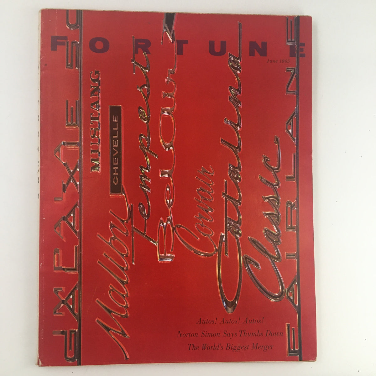 Fortune Magazine June 1965 cover featuring bold red design and the title 'Fortune', highlighting significant articles including 'Norton Simon Says Thumbs Down'.