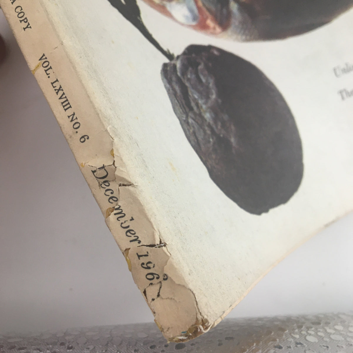 Side view of the spine of Fortune Magazine December 1963 showing the month and year with some wear, labeled 'December 1963'.