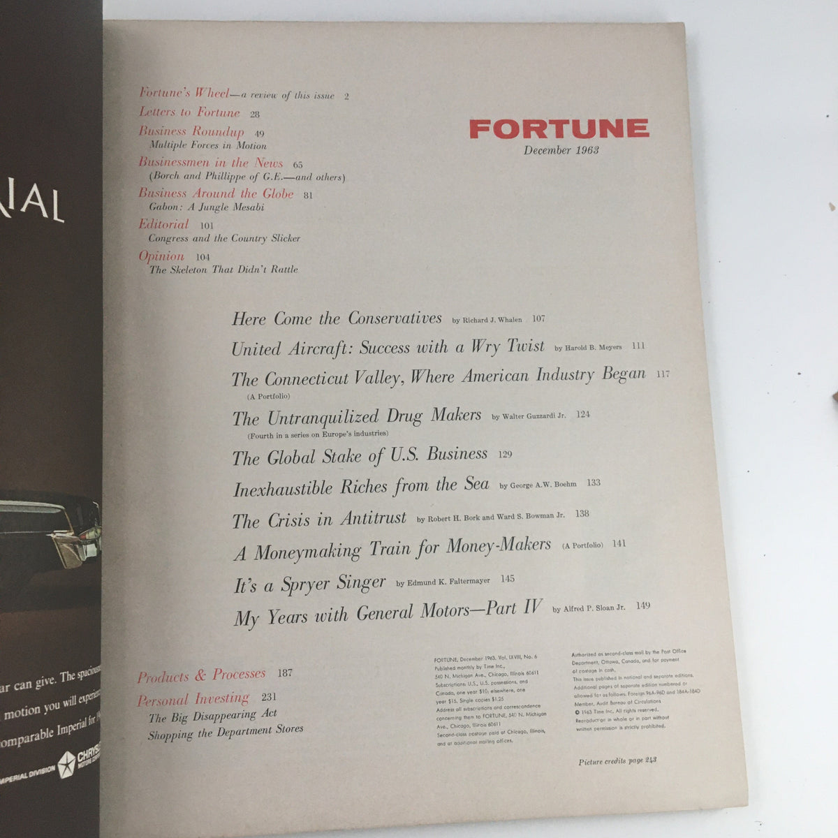 Table of contents page of Fortune Magazine December 1963 providing an overview of featured articles and topics including economic discussions and business insights.