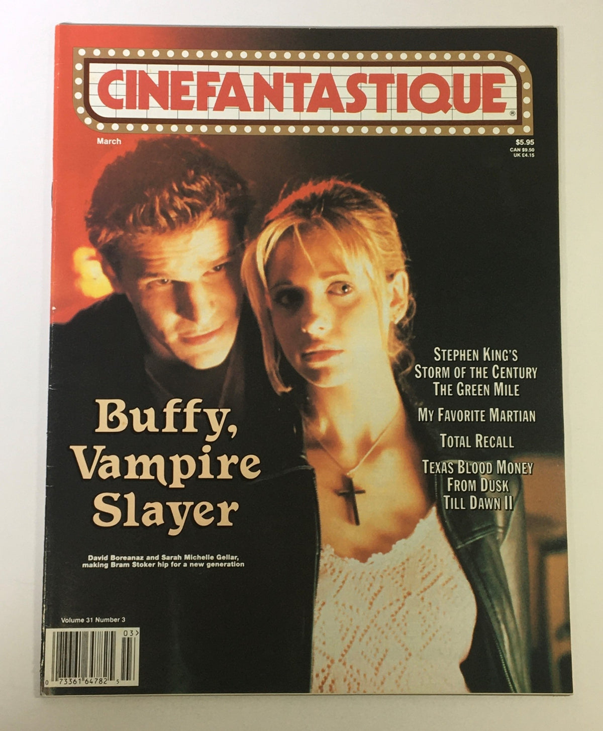Cinefantastique March 1999 Vol 31 #3 featuring David Boreanaz and Sarah Michelle Gellar on the cover, showcasing 'Buffy, Vampire Slayer' with additional articles on Stephen King's works and other sci-fi highlights.