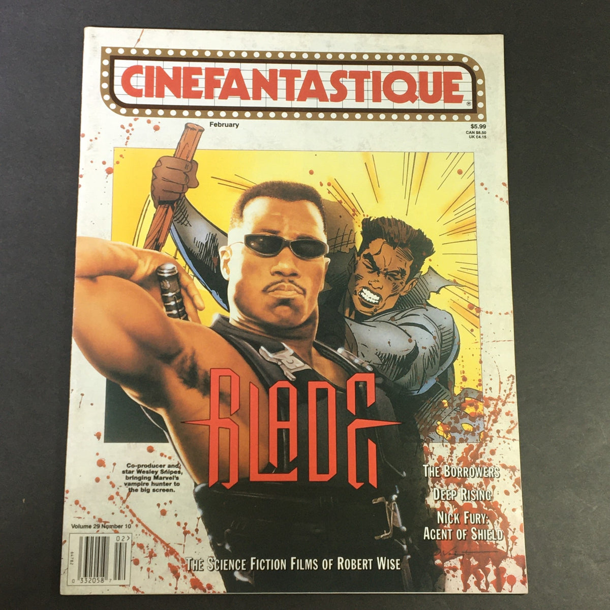 Cinefantastique February 1998 Vol 29 #10 featuring Wesley Snipes as Blade on the cover, showcasing vibrant artwork with action elements, including depictions of blood splatter and dynamic poses.