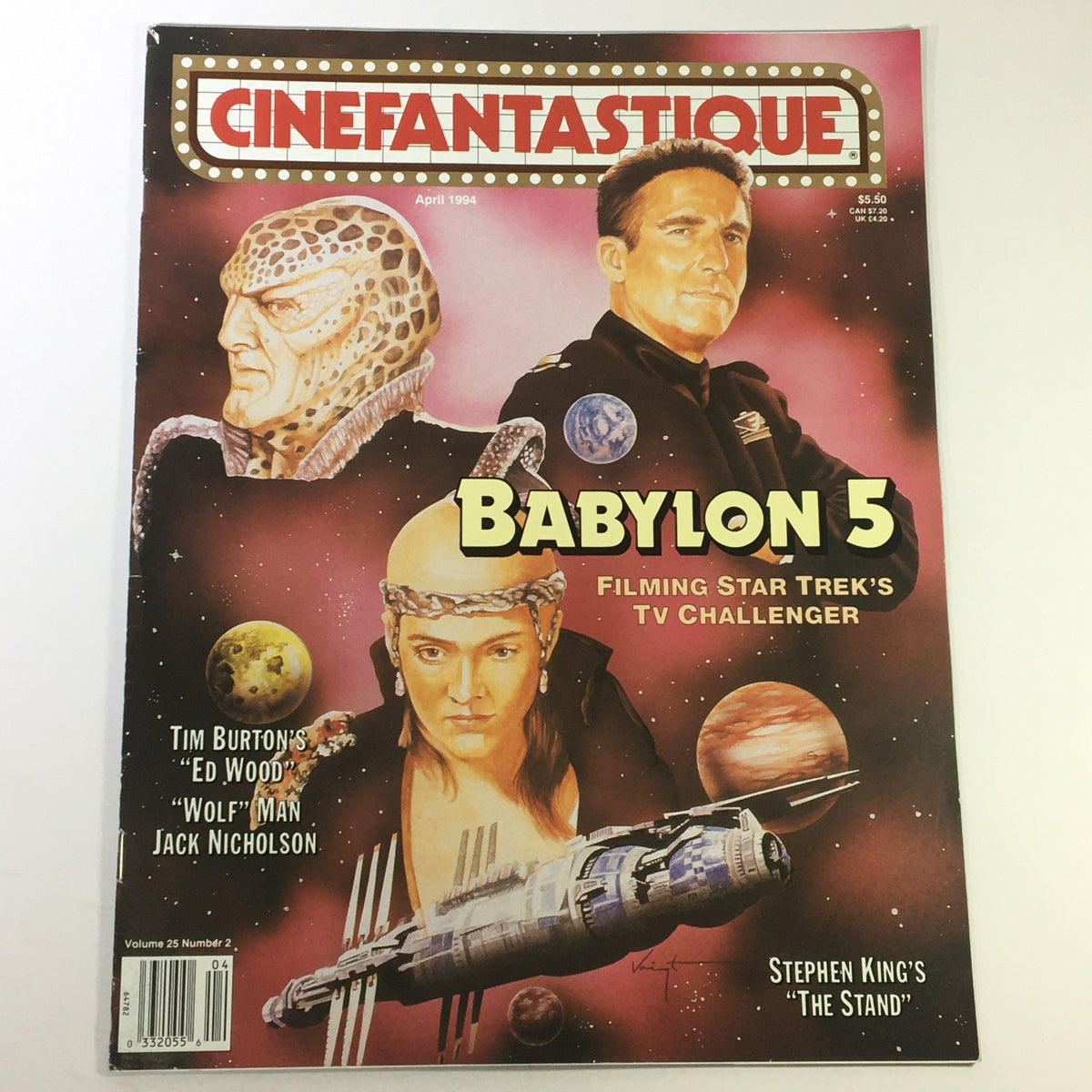 Cinefantastique April 1994 Vol 25 #2 cover featuring Ed Wood, Wolf Man, and Jack Nicholson, showcasing characters from 'Babylon 5' and 'The Stand'.