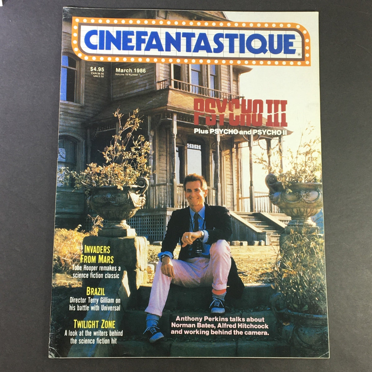 Cinefantastique March 1986 Vol 16 #1 magazine cover featuring articles on Tobe Hooper and Director Terry Gilliam, showcasing a historic film theme with emphasis on Psycho III, Invaders from Mars, and Brazil.