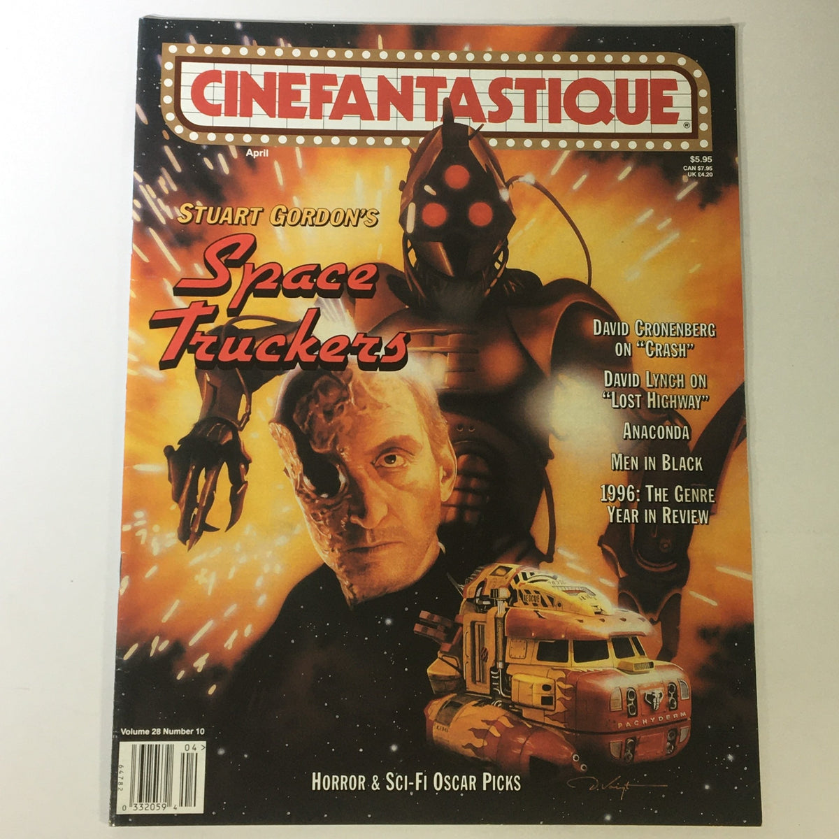 Cinefantastique April 1997 Volume 28 Number 10 magazine cover featuring Stuart Gordon's Space Truckers, along with highlights like David Cronenberg on Crash and David Lynch on Lost Highway. The cover showcases vibrant illustrations and offers insights into horror and sci-fi cinema.