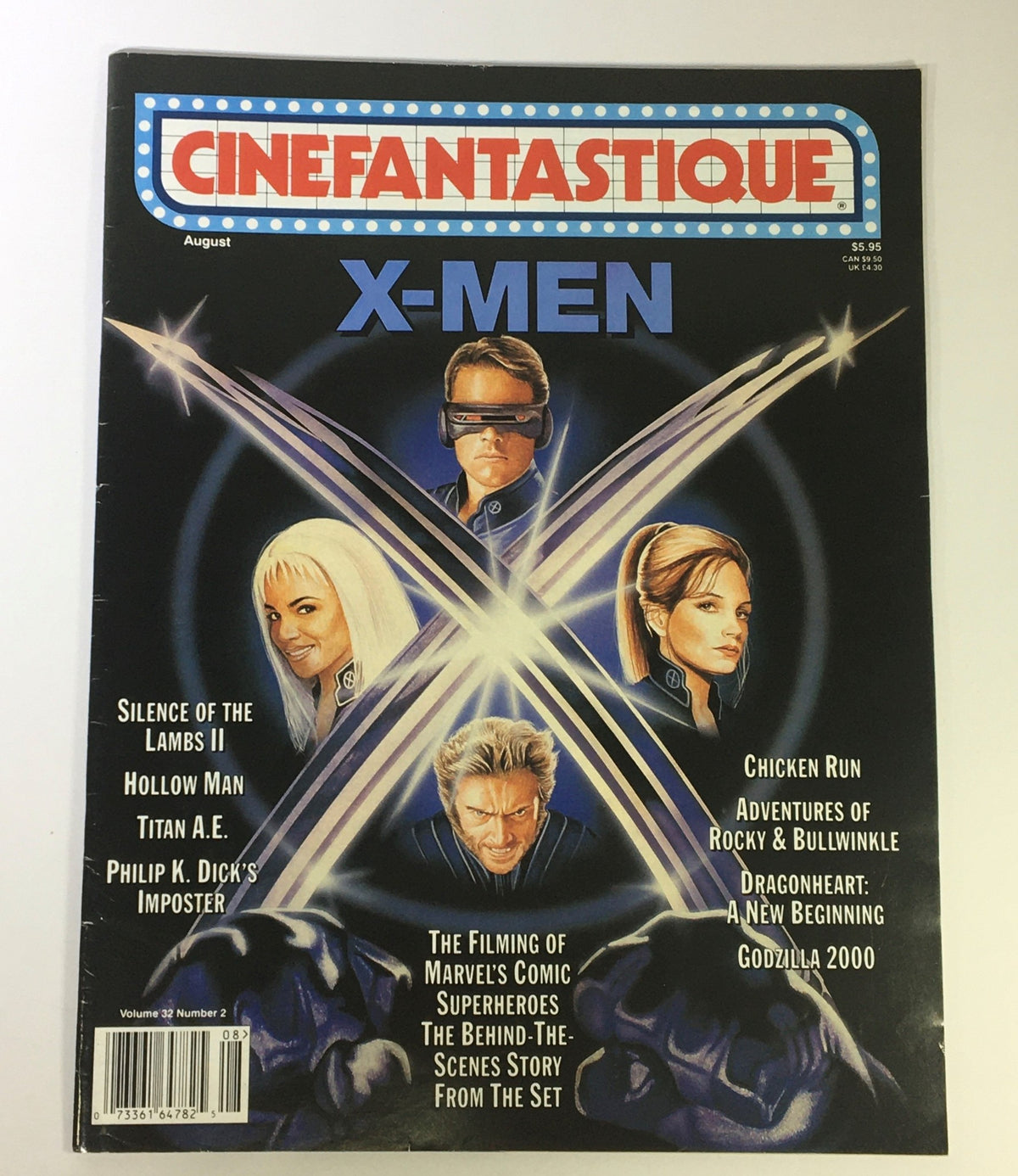 Cinefantastique August 2000 Vol 32 #2 features X-Men characters on the cover, showcasing iconic superhero imagery and highlighting Hugh Jackman, Halle Berry, and Famke Janssen.
