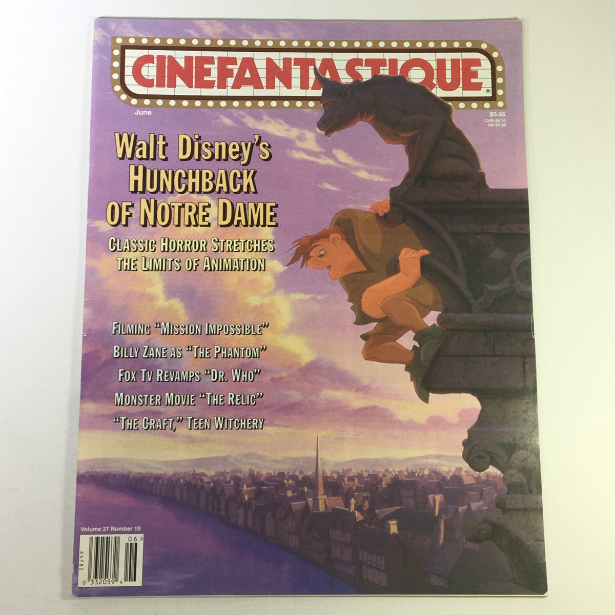 Cinefantastique June 1995 Vol 27 #10 featuring Walt Disney's Hunchback of Notre Dame with a cover image showing the iconic gargoyle and Quasimodo, highlighting classic horror animation and film features.