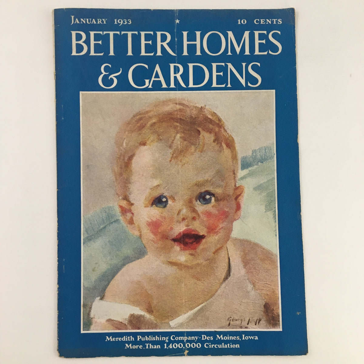 Cover of Better Homes & Gardens Magazine January 1933 featuring a smiling baby illustration. The magazine's title is prominently displayed in white text on a blue background.