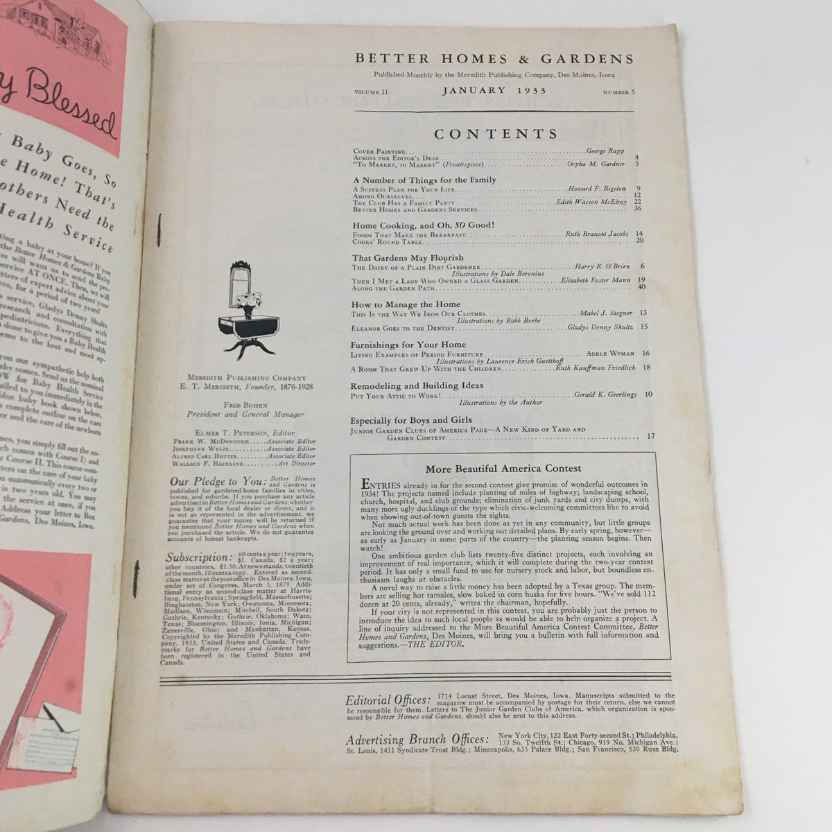 Interior page of Better Homes & Gardens Magazine January 1933 displaying the table of contents. The page features articles and topics related to gardening and home decor from the 1930s.