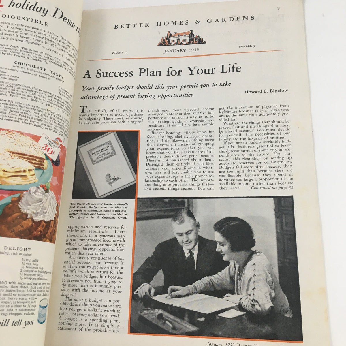 Another interior page from Better Homes & Gardens Magazine January 1933, focusing on a financial planning article with illustrations. The page provides insight into budgeting and lifestyle management.