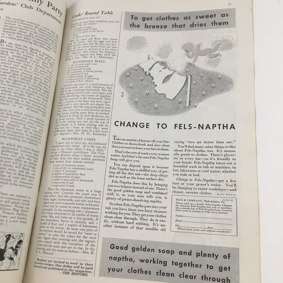 Interior page from Better Homes & Gardens Magazine January 1933 showcasing an advertisement for Fels-Naptha soap and a recipe for buttermilk rolls, highlighting 1930s household tips.