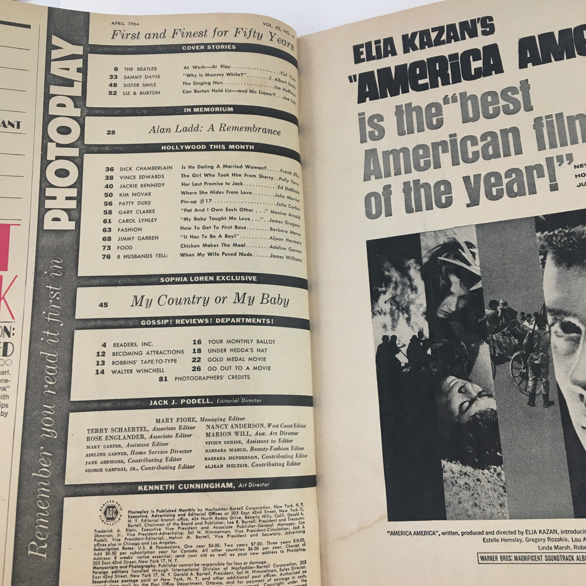 Interior page of Photoplay Magazine April 1964 displaying contents and notable articles, including a feature on Elia Kazan's film, adding to the nostalgia of classic Hollywood.