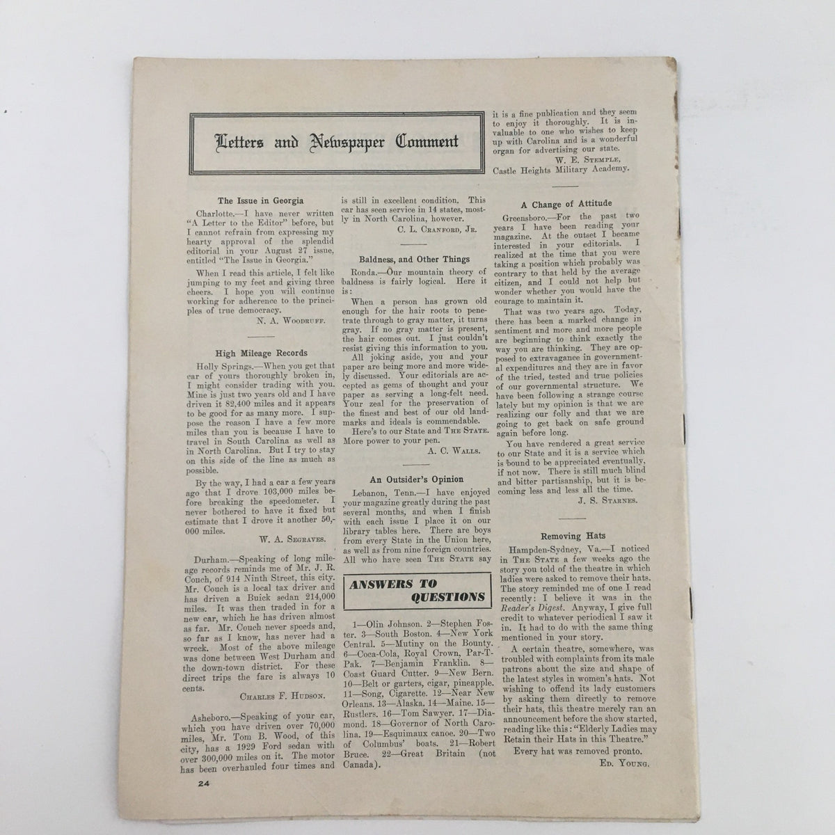 Letters and Newspaper Comment section from The State Magazine, September 10, 1938, showcasing various opinions and responses. This vintage publication features discussions on topics like high mileage records and community concerns, reflecting the era's sentiments.