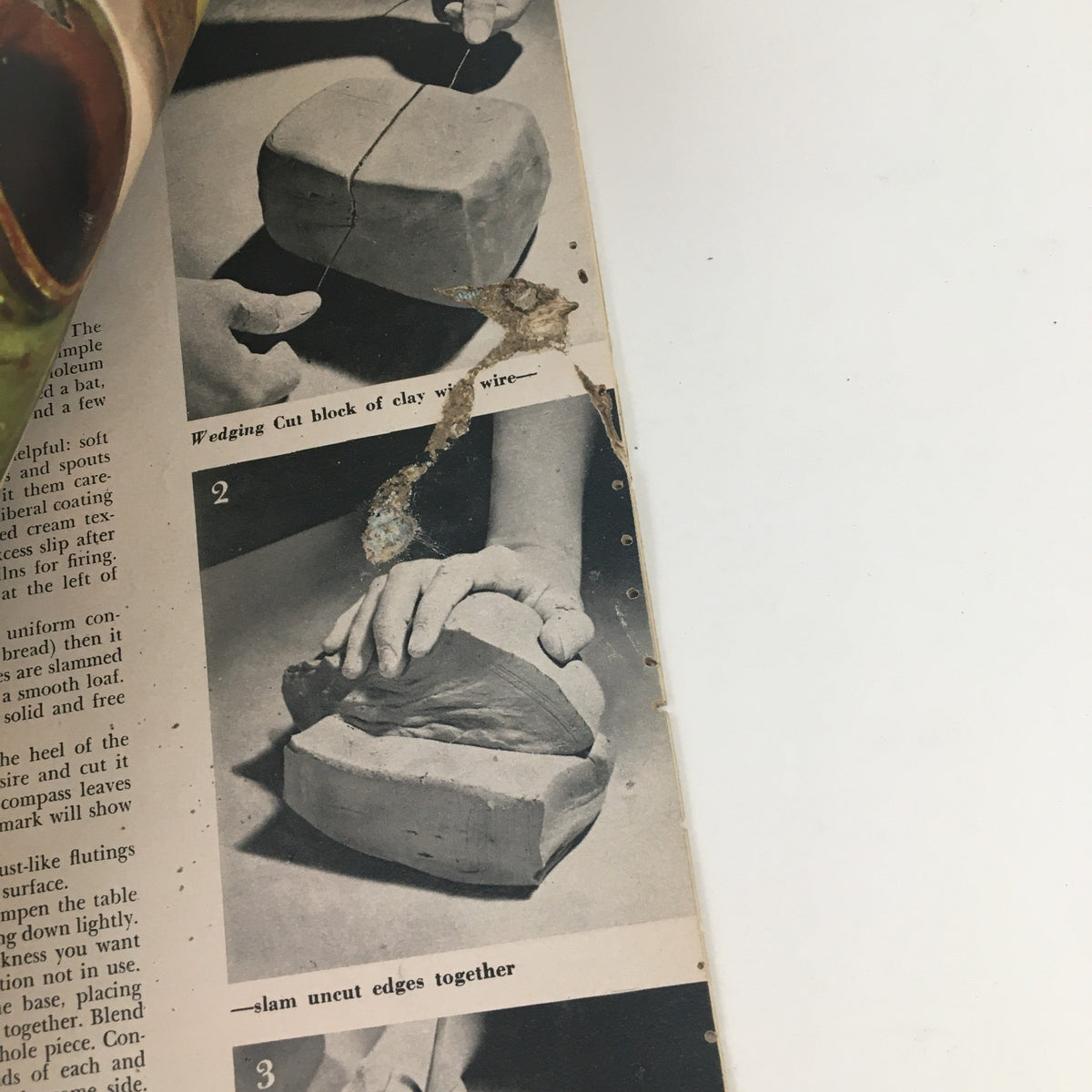 Interior page from Woman's Day Magazine January 1946 displaying instructions for wedging a cut block of clay.