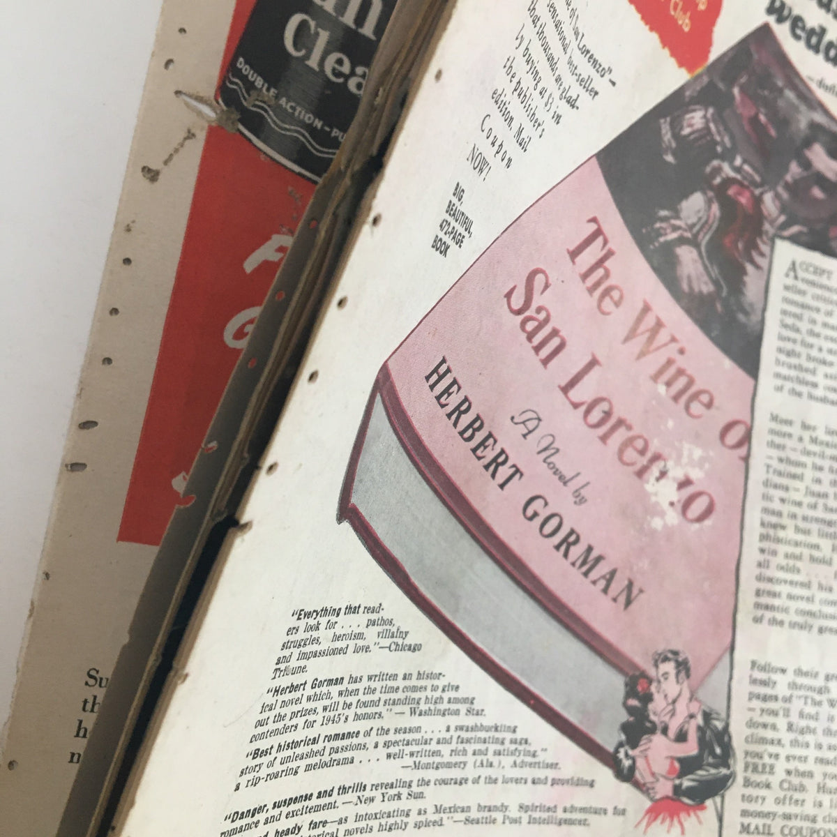 Interior page of Woman's Day Magazine January 1946 showcasing the advertisement for 'The Wine of San Lorenzo' by Herbert Gorman, highlighting the vintage aesthetic and typography from the 1940s.