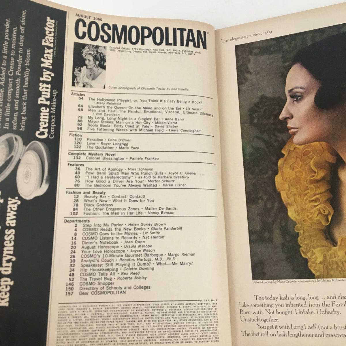 Inside page of Cosmopolitan Magazine August 1969 featuring articles, features, and a cover photograph of Elizabeth Taylor.