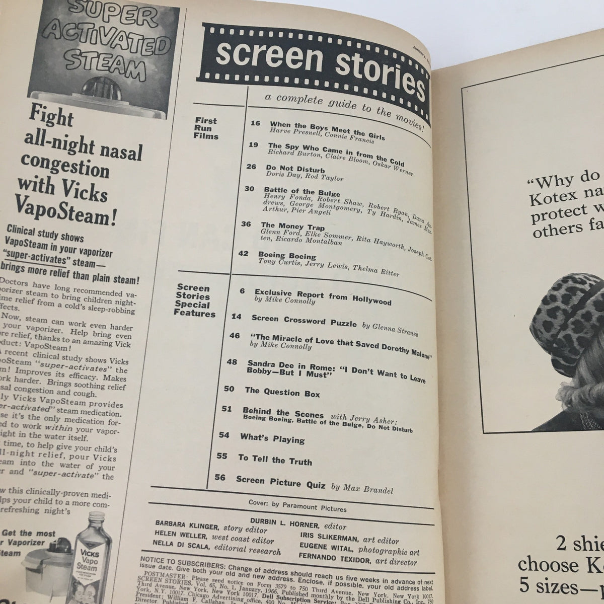 Interior page of Screen Stories Magazine from January 1966, presenting contents including articles on Richard Burton, Dorothy Malone, and iconic films of the era.