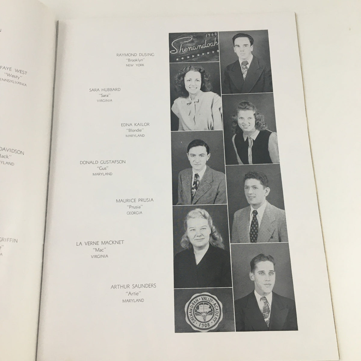 1948 Shenandoah Valley Academy School Program image featuring photographs of students and faculty members, highlighting individuals like Raymond Eusing, Edna Kaylor, and Maurice Prusia.