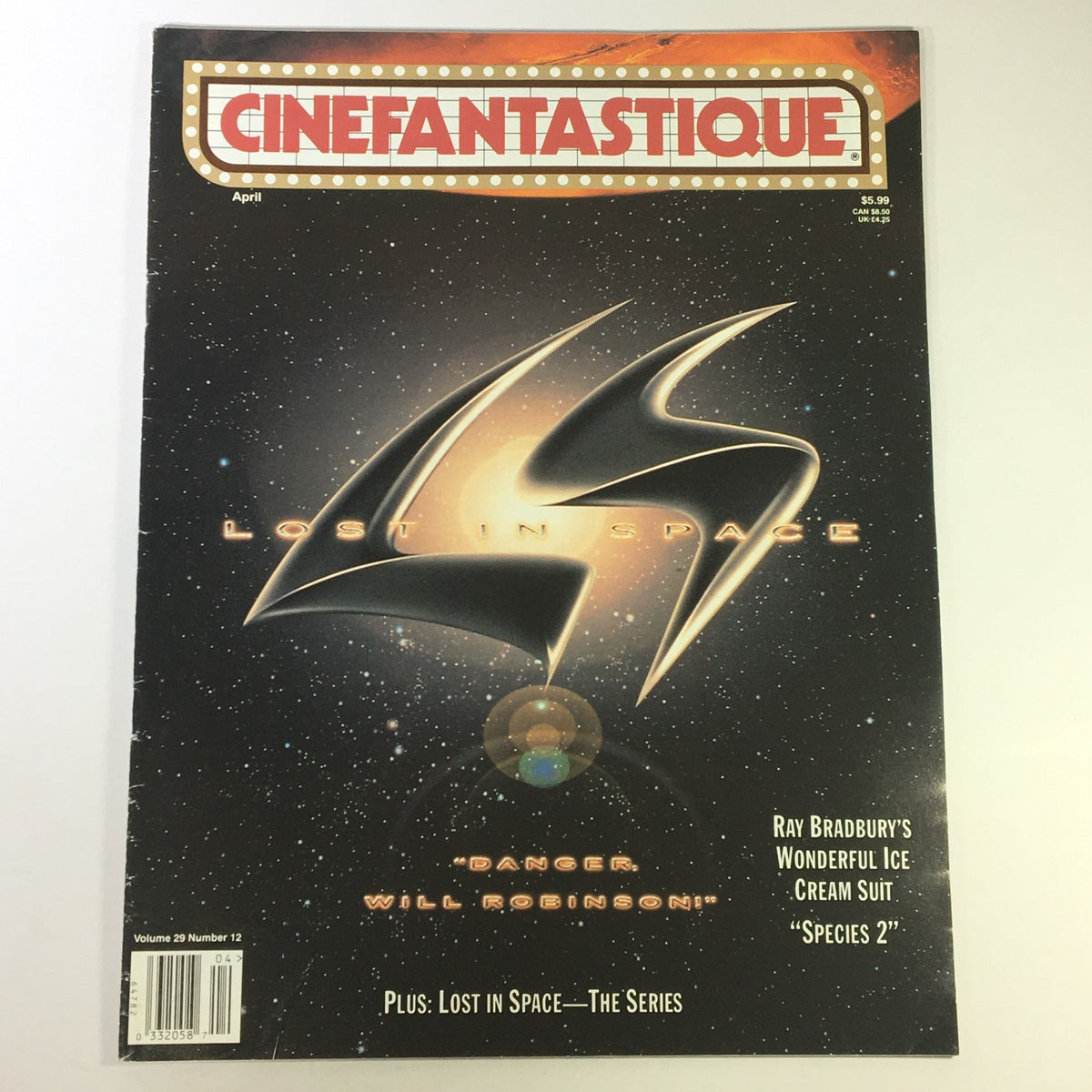 Cinefantastique April 1998 Vol 29 #12 magazine cover featuring Ray Bradbury's Wonderful Ice Cream Suit and Lost in Space, showcasing adventurous themes in sci-fi.